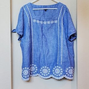 Talbots Blue Top with White Embroidery and Square Neck.  Size 3x